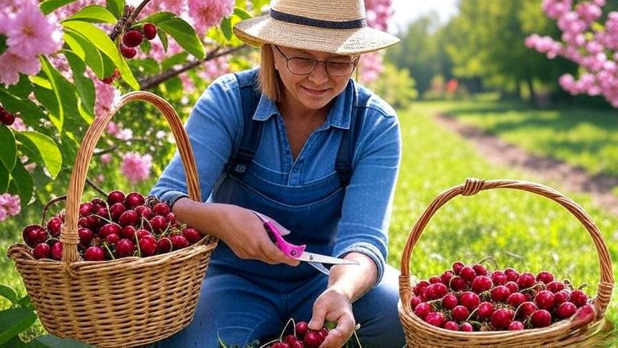 Gardener harvesting ripe cherries with scissors in a lush garden with a basket".