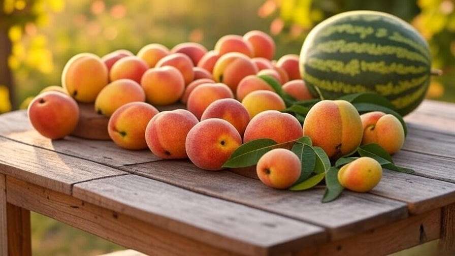 Freshly harvested peaches, mangoes, and watermelon on a table with a garden background."
