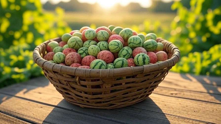 Basket of freshly harvested watermelon berries on a wooden table in a garden.