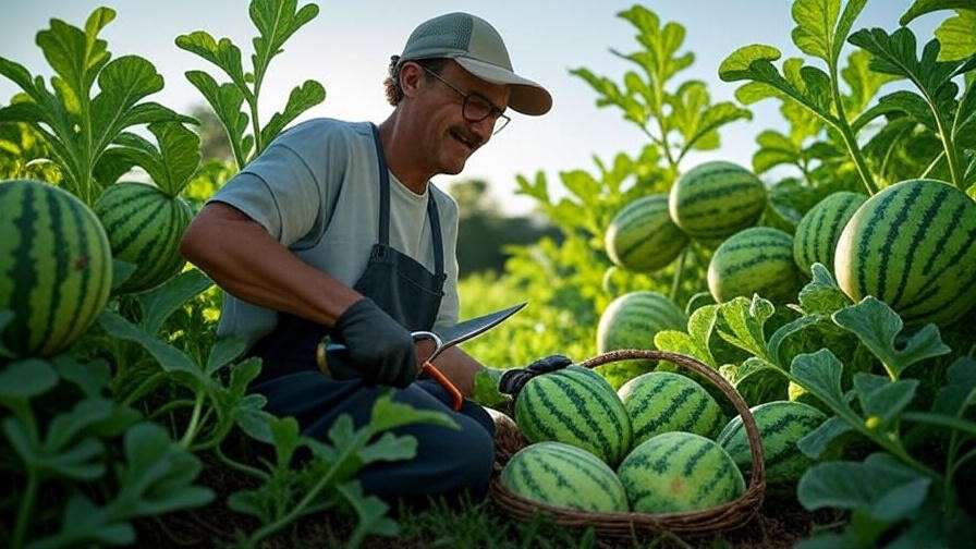Gardener harvesting ripe mini watermelon seedless fruits with shears in a lush garden." 