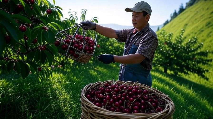 "Gardener harvesting cherries with fruit picker on steep hillside".