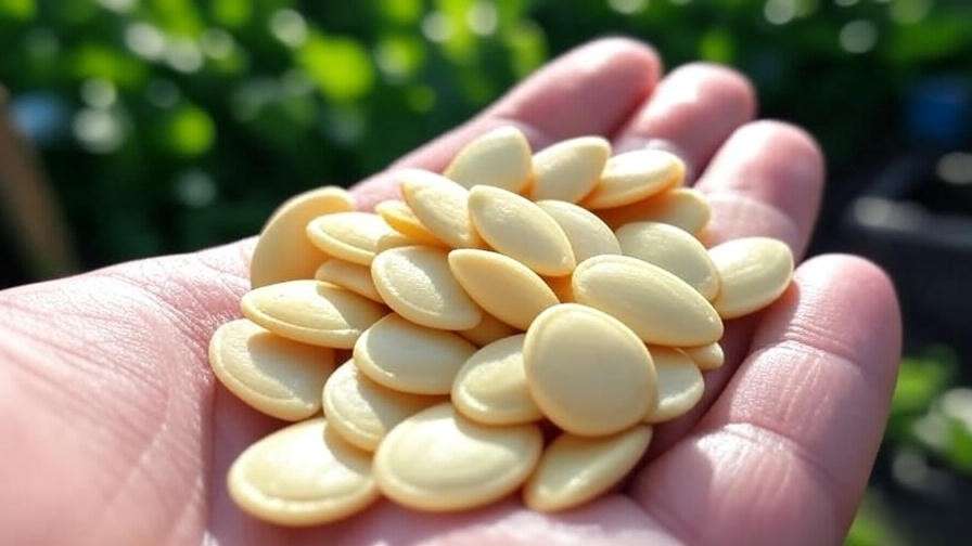 "Close-up of high-quality watermelon yellow seeds in a gardener's hand with blurred garden background".