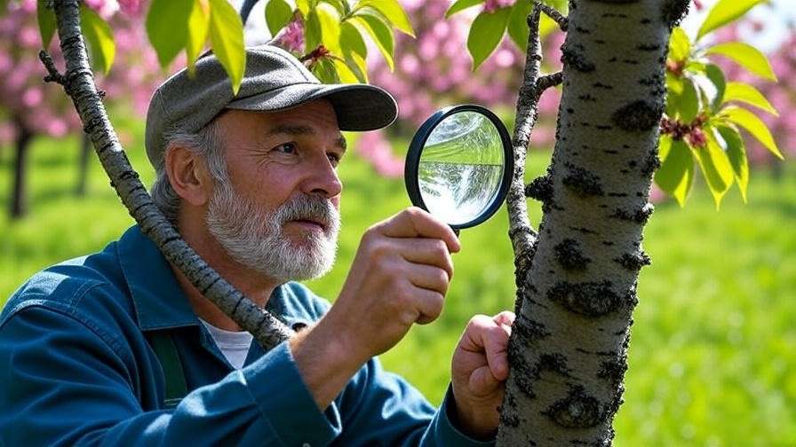 Gardener using magnifying glass to inspect cherry tree bark for scale insects in an orchard.