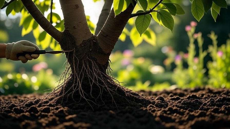 Person inspecting cherry tree roots with trowel and gloves in a garden".
