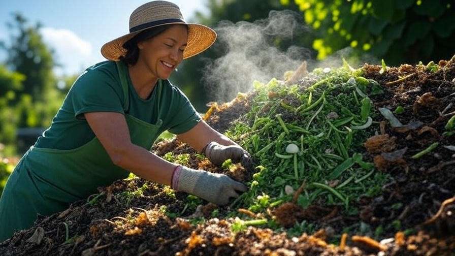 "Gardener layering green and brown materials in a compost pile for watermelon growth."
