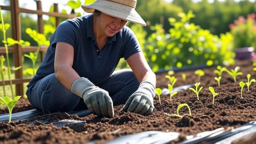 Gardener planting Penhill watermelon seeds with black mulch and trellis in sunny garden."