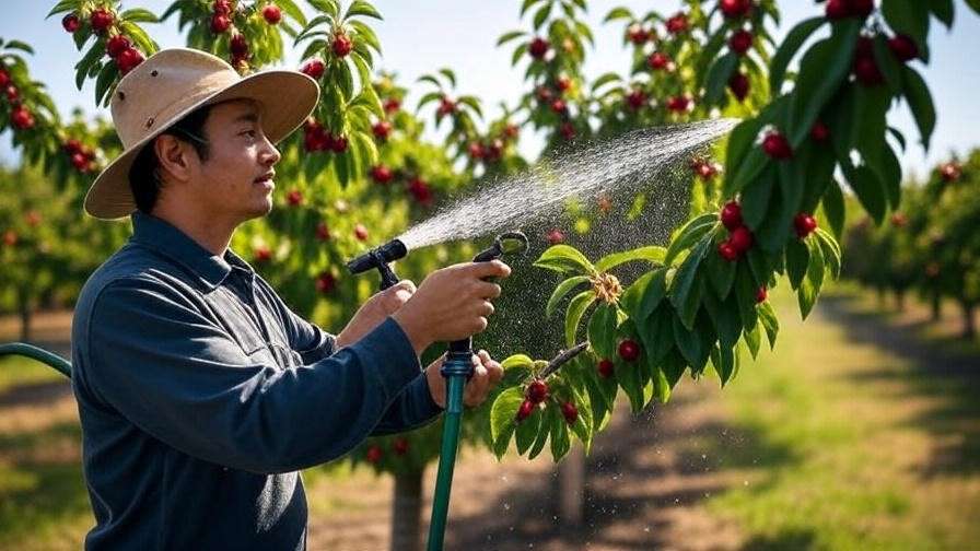 Gardener spraying water on cherry tree to remove black cherry aphids
