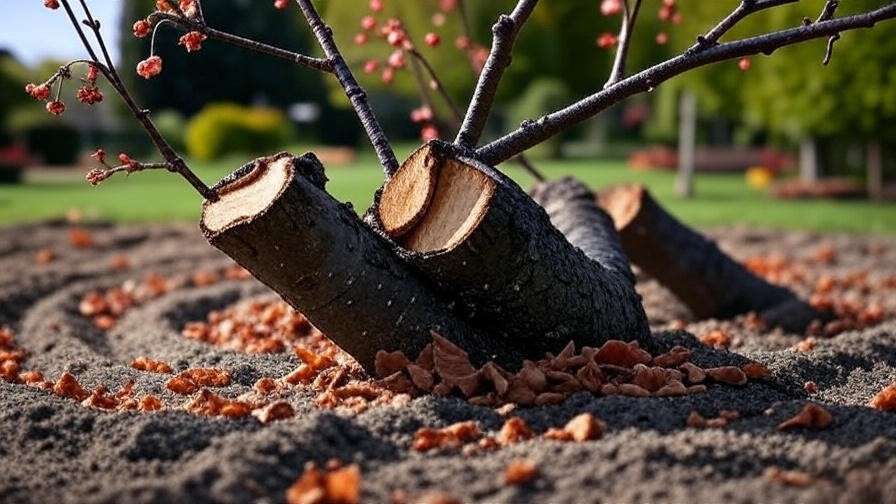 "Pruned cherry tree branch with fallen leaves removed to treat brown leaf disease."