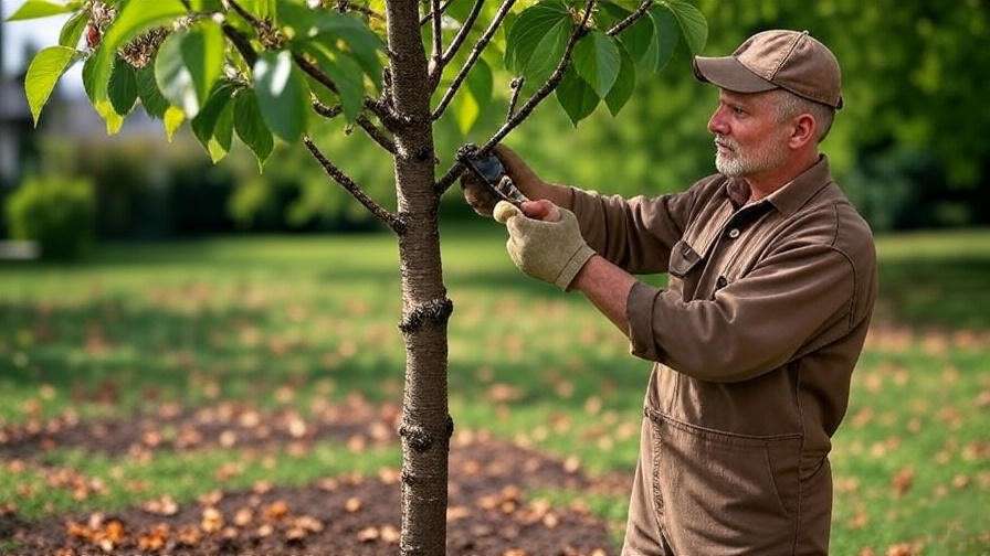Person pruning a cherry tree to manage cherry tree leaf blight".