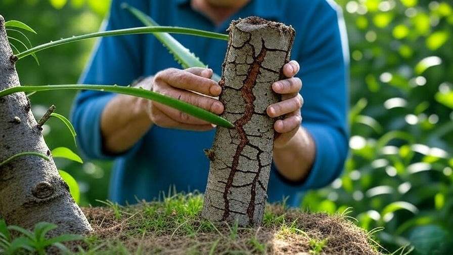 Gardener treating cracked cherry tree bark with natural remedy in lush garden"