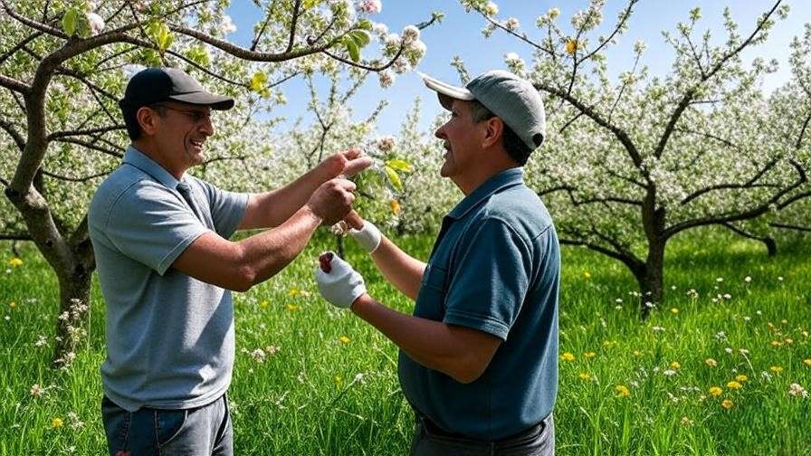 Farmer using ladybugs and pheromone traps for integrated pest management in a cherry orchard."
