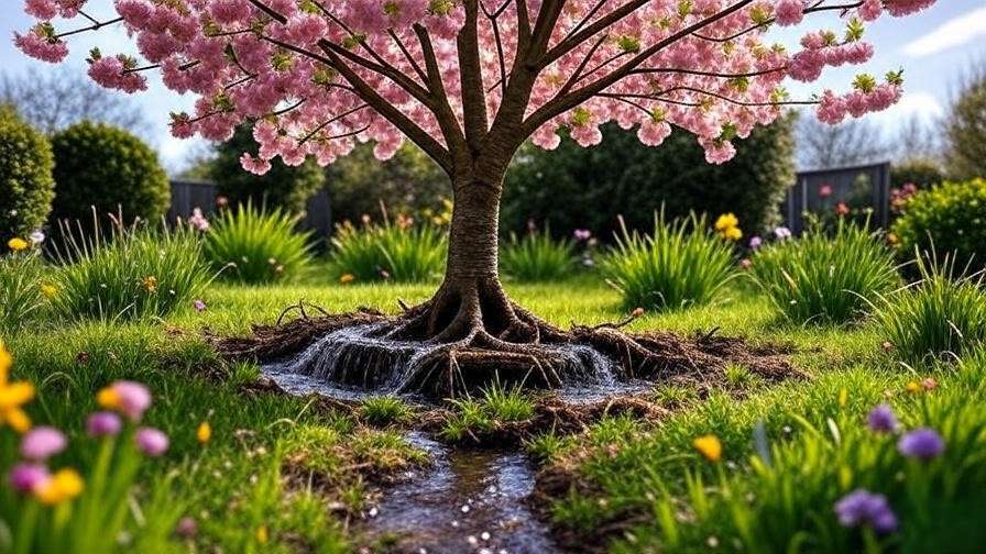 "Cherry tree with French drain improving soil drainage.
