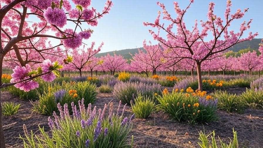 Bees pollinating cherry tree blossoms with lavender and marigolds in the orchard."