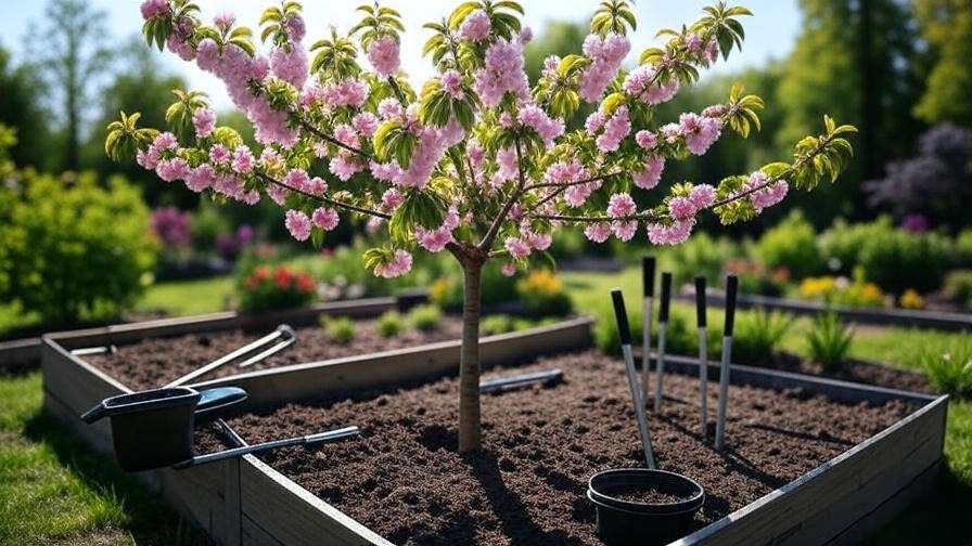 Cherry tree in raised bed with aeration tools and healthy green leaves in garden."