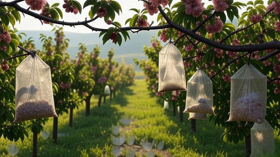 "Cherry orchard with pheromone traps for integrated pest management".