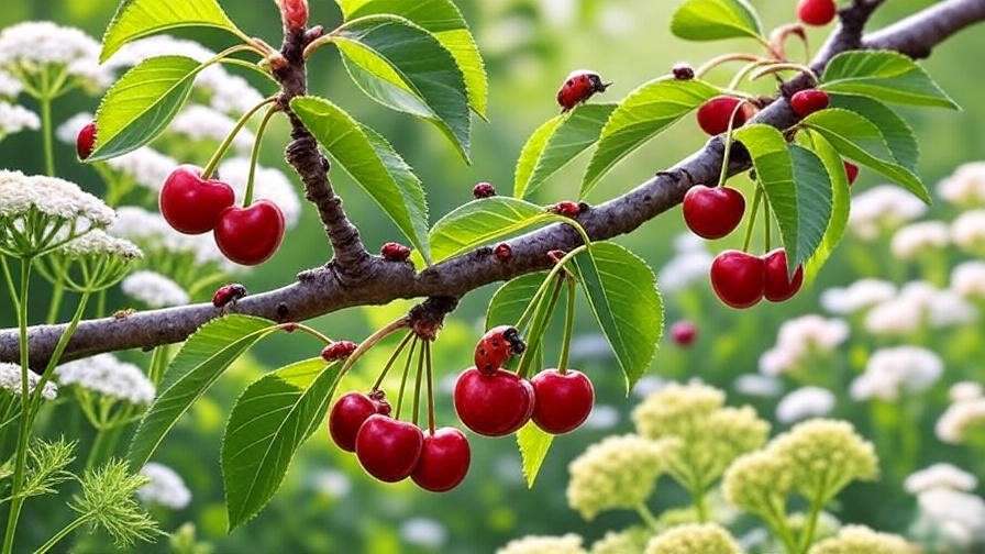 "Ladybugs on a cherry tree branch with green leaves and red cherries, promoting natural aphid control."