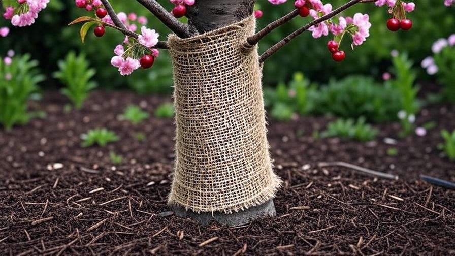 Cherry tree with burlap wrap and mulch for bark healing in spring garden