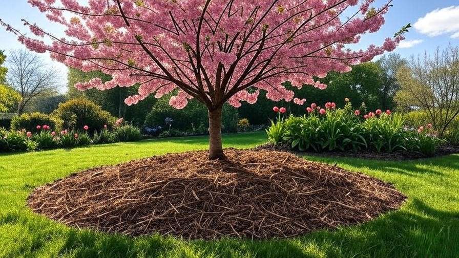 Cherry tree with a mulched buffer zone protecting the root zone in a vibrant garden."