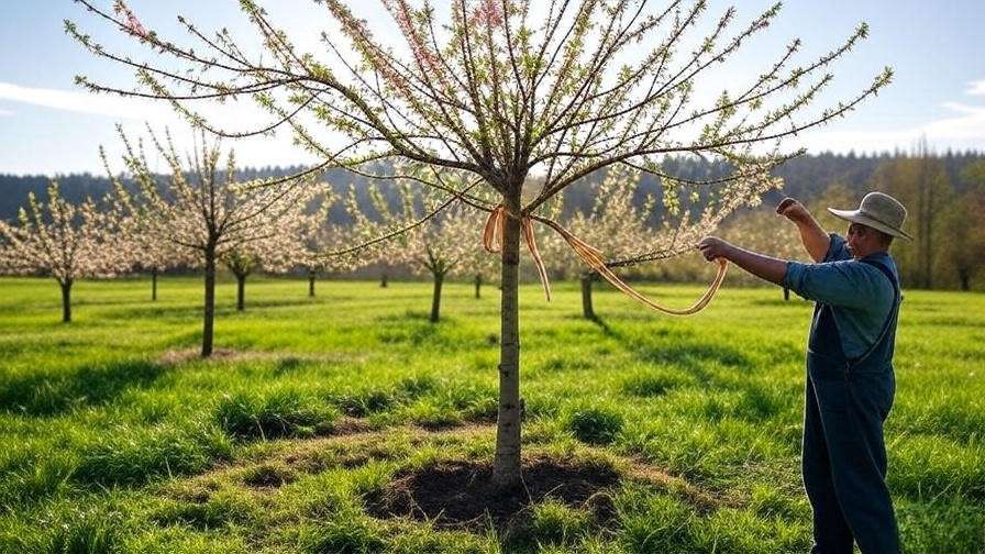 Gardener training young cherry tree into open-center shape in sunny orchard."