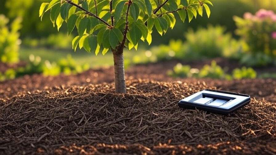 Cherry tree with mulch and soil testing kit in a garden setting