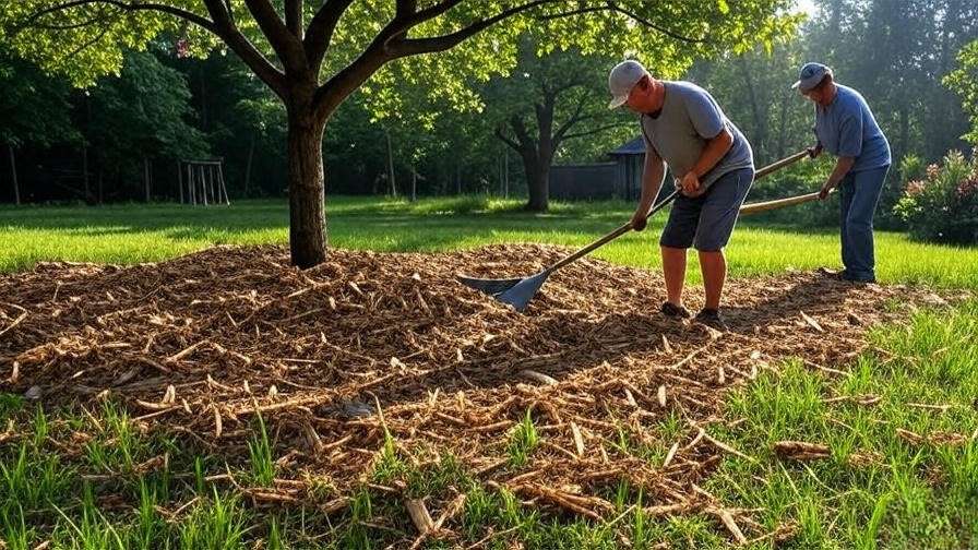 Gardener raking refreshed wood chip mulch around a healthy cherry tree