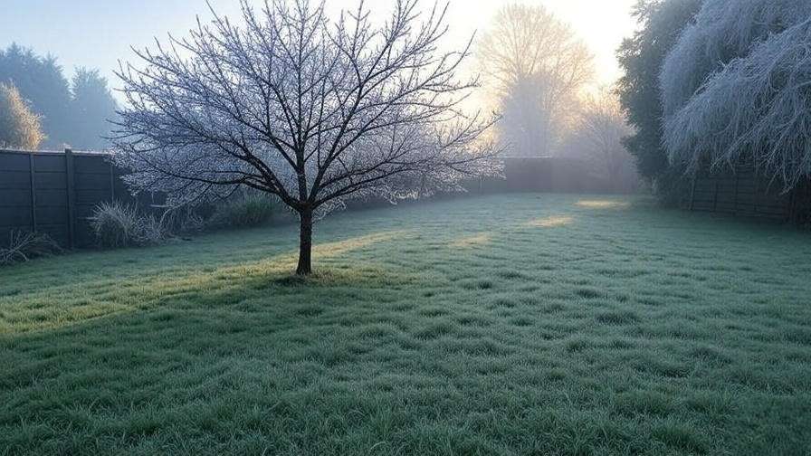 Cherry tree protected with a frost blanket in a frosty garden at dawn.