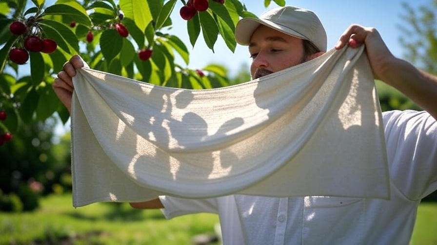 Gardener applying shade cloth to cherry tree to prevent early ripening