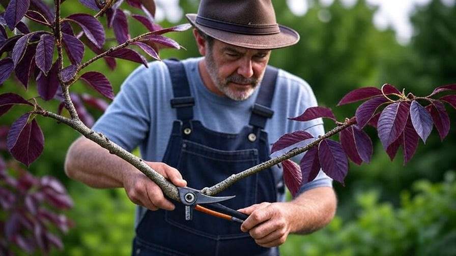 Gardener pruning diseased branch from cherry tree with purple leaves".
