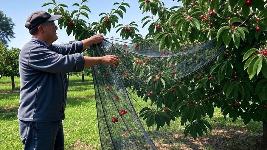 Cherry tree protected by bird netting with ripe cherries in an orchard"