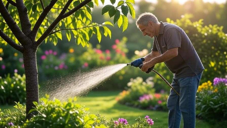 "Gardener applying neem oil to cherry tree leaves with organic mulch in a garden."