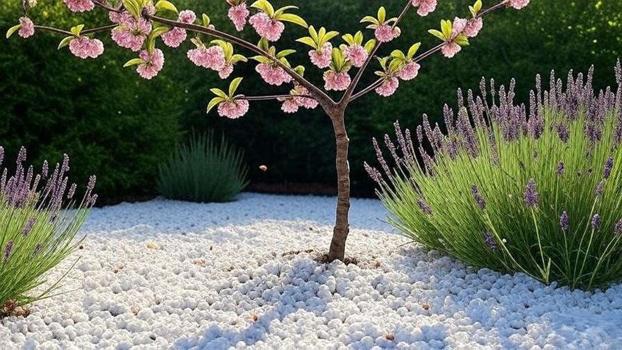 Cherry tree with white gravel mulch and lavender in shaded corner"