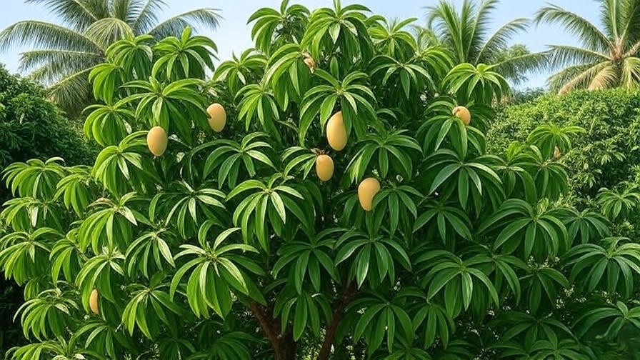 "Ripe mangoes on a tropical mango tree with lush green leaves and blue sky."
