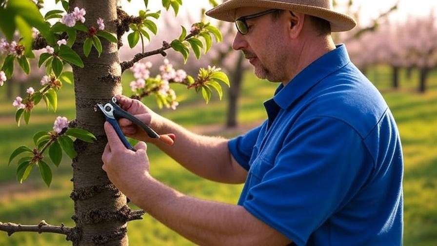 Gardener pruning cherry tree suckers with shears in a thriving orchard under sunlight.