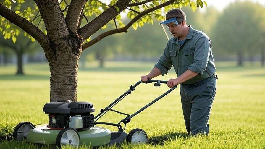 Gardener using lawnmower and trimmer near cherry tree, highlighting potential root damage risks.