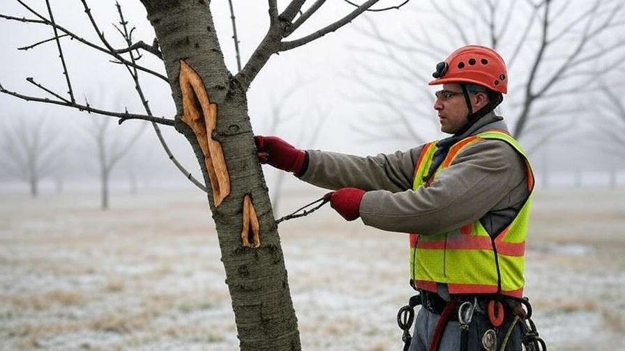 Arborist inspecting cherry tree with storm damage in snowy field