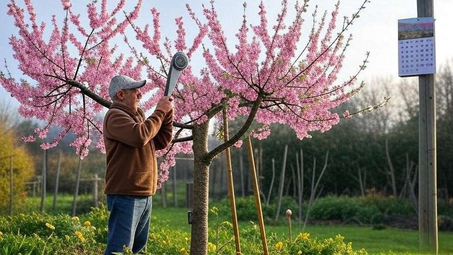 Gardener maintaining mature cherry tree for long-term health"