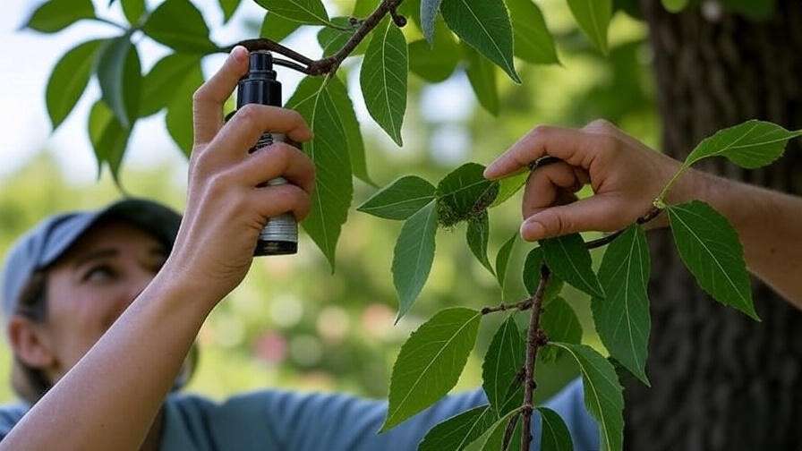 Gardener applying neem oil to cherry tree leaves with pest damage."