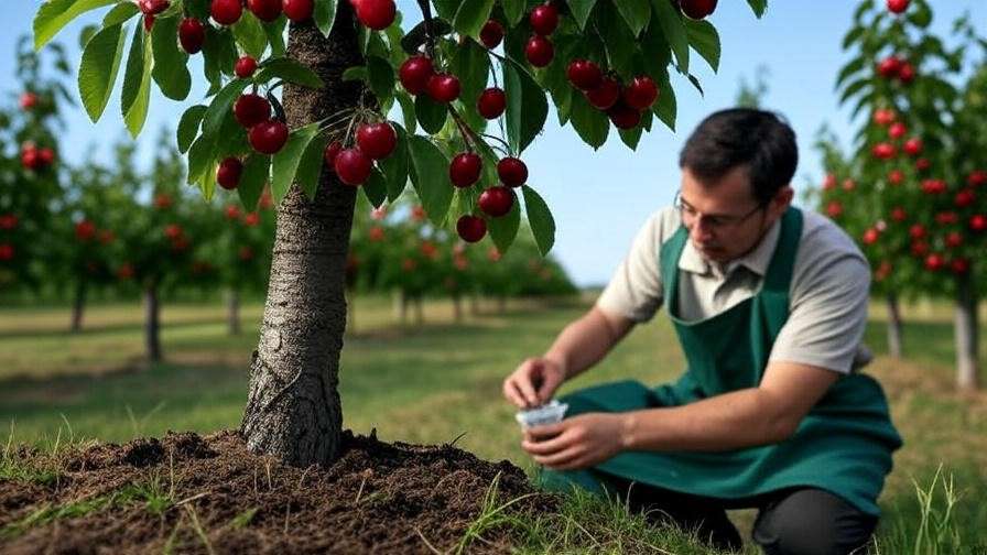 Gardener testing soil and fruit for pesticide residue near a cherry tree in an orchard."
