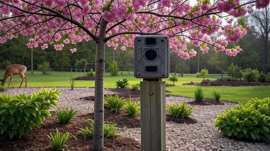 Trail camera monitoring deer near a cherry tree with gravel mulch garden."