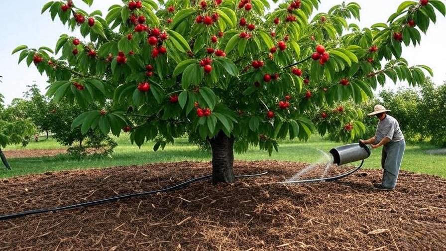 Gardener watering a cherry tree with drip irrigation in a lush garden"