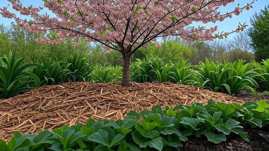 Cherry tree with proper wood chip mulch layer around drip line in a lush garden."