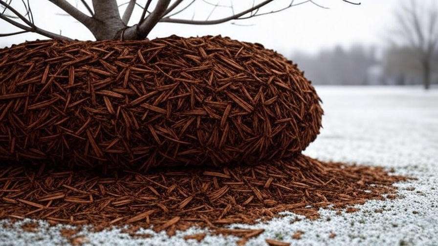 Cherry tree root zone mulched with wood chips in snowy winter"