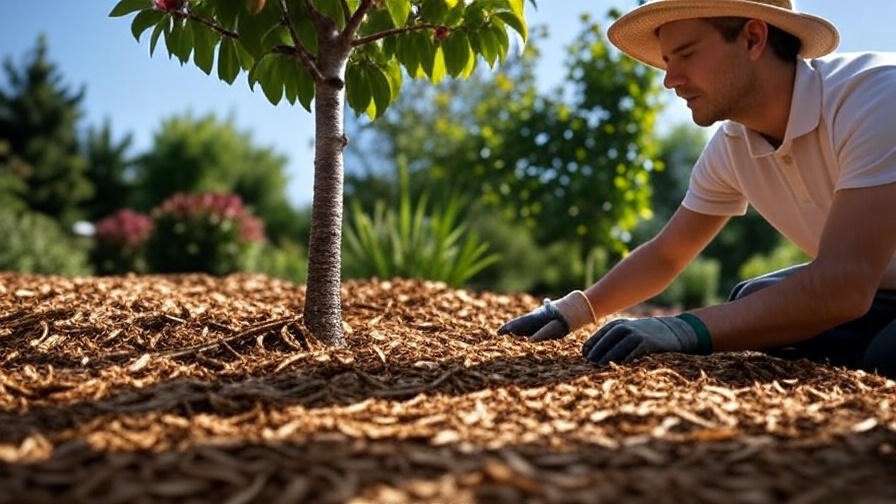 Gardener applying wood chip mulch around cherry tree for moisture retention."