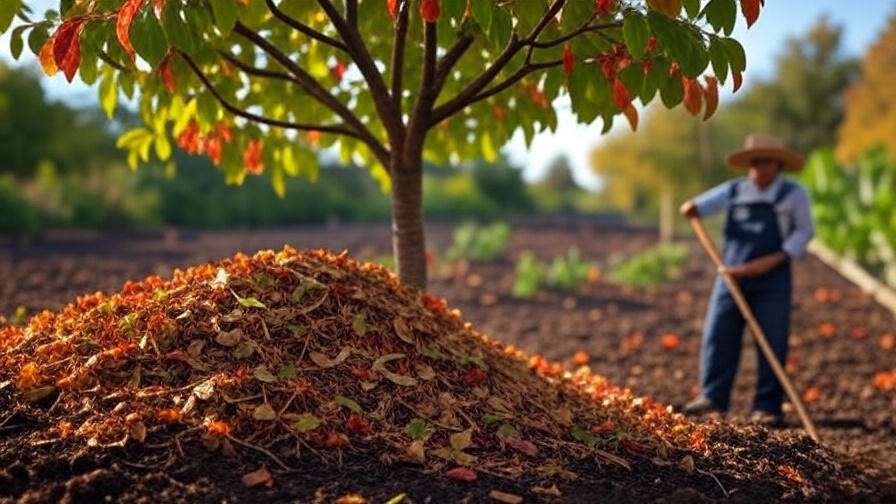 Gardener raking fallen leaves around a cherry tree for sanitation in autumn