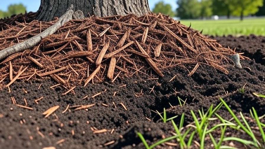 Cherry tree base with organic mulch and weed-free soil for disease prevention"