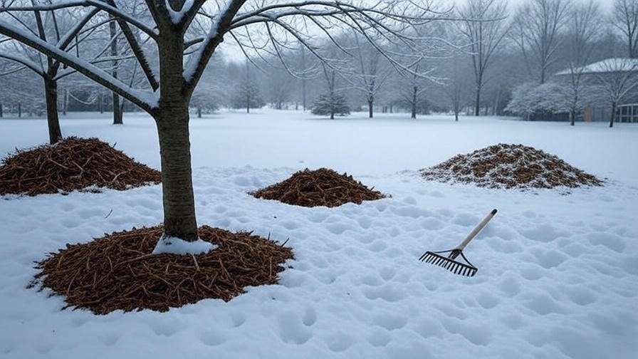 Cherry tree base mulched with wood chips in a snowy winter garden."
