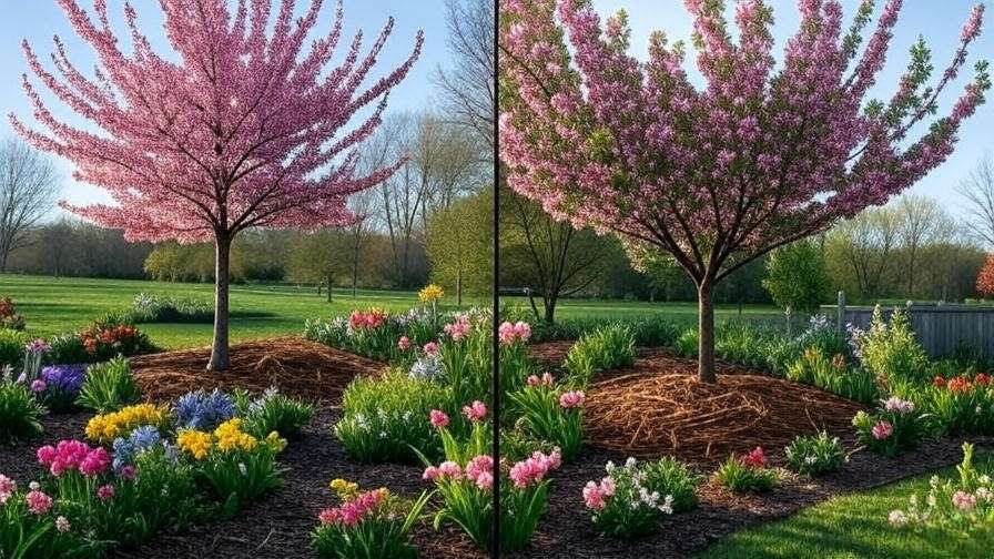 Young and mature cherry trees with different mulch layers in a blooming garden.