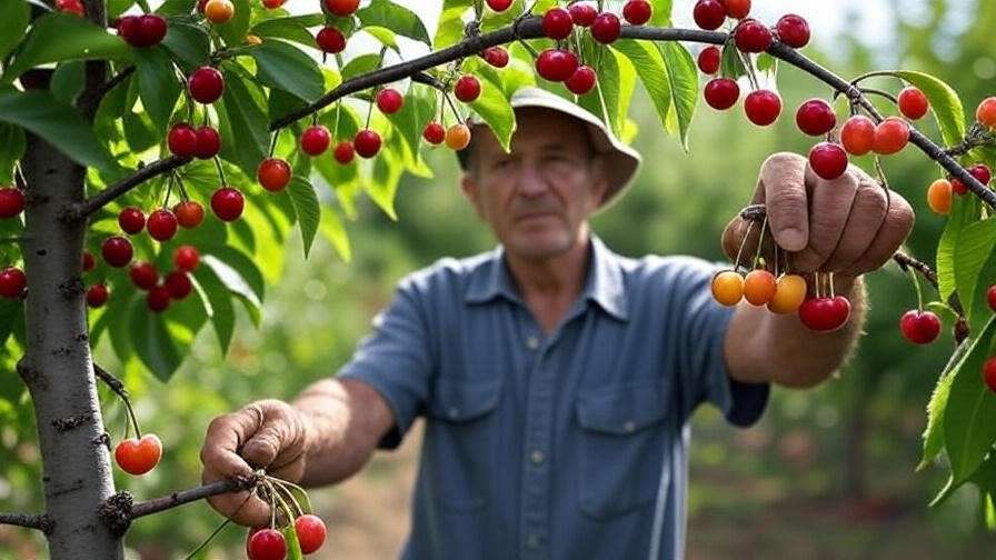 "Multi-variety grafted cherry tree with red and yellow cherries"
