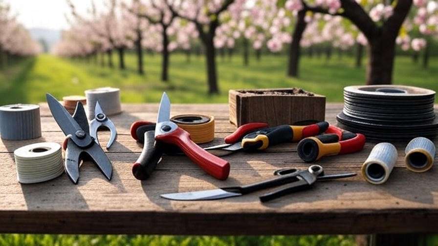 Grafting tools including knife and shears arranged on a table in a cherry orchard.