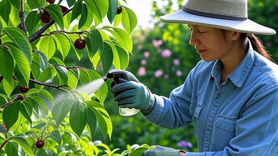 "Gardener spraying neem oil on cherry tree leaves in a lush garden.